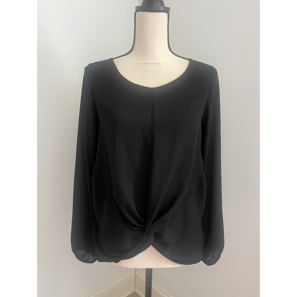 Black Twist Front Long Sleeve Blouse Small Keyhole Classic Minimalist Office Top